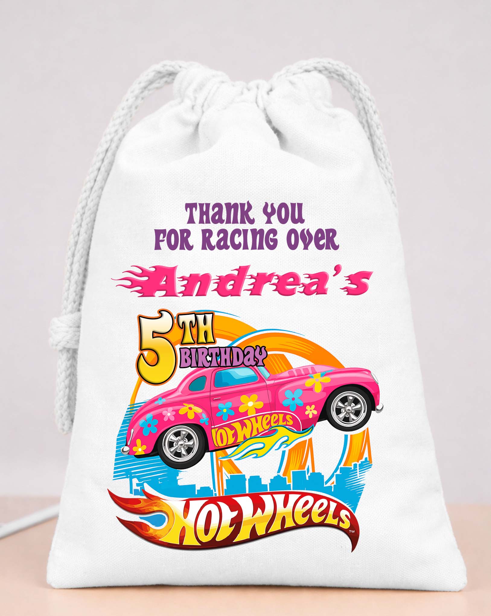 Pink Personalized Hot Wheels Party Bags Custom Name 