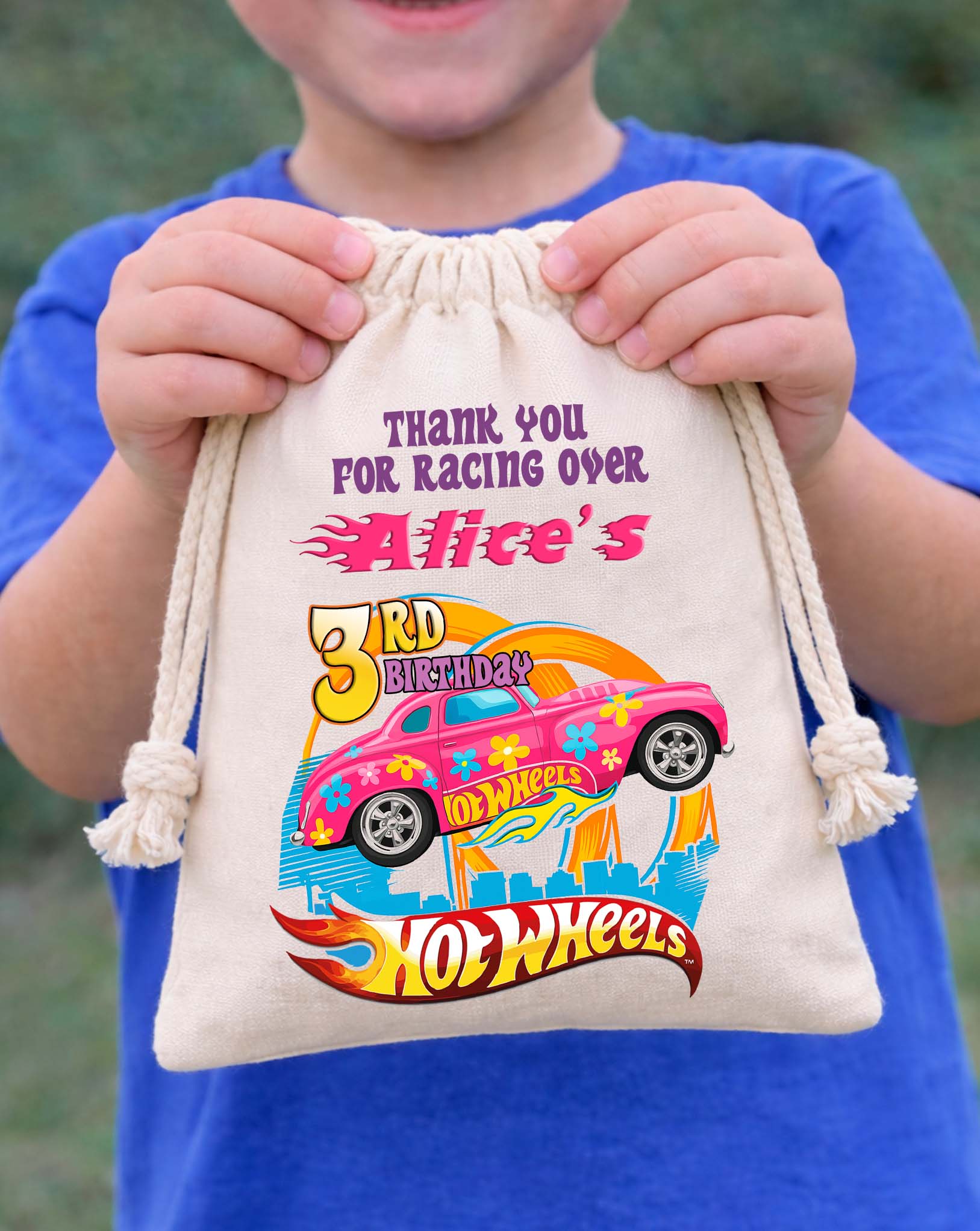 Pink Personalized Hot Wheels Party Bags Custom Name