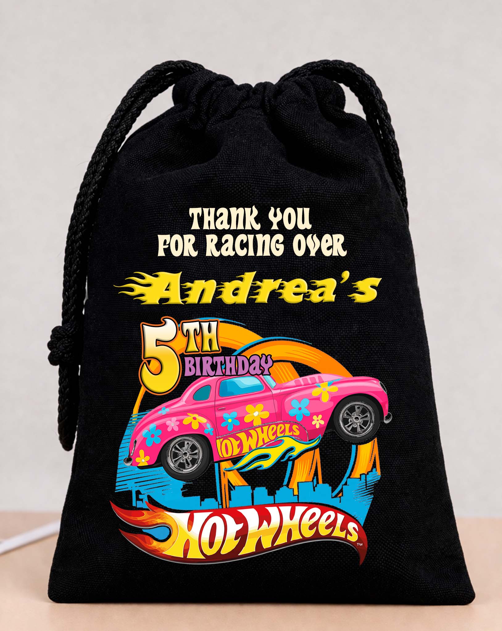 Pink Personalized Hot Wheels Party Bags Custom Name